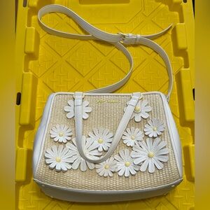 Betsey Johnson Cream Woven Daisy Crossbody Bag with White Appliqués